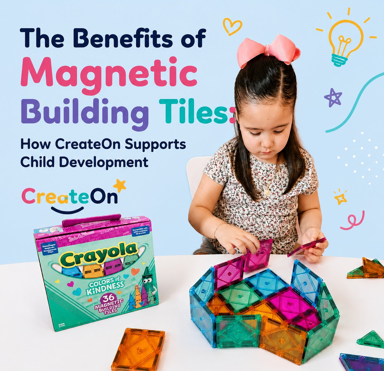 child playing with colorful Crayola magnatiles