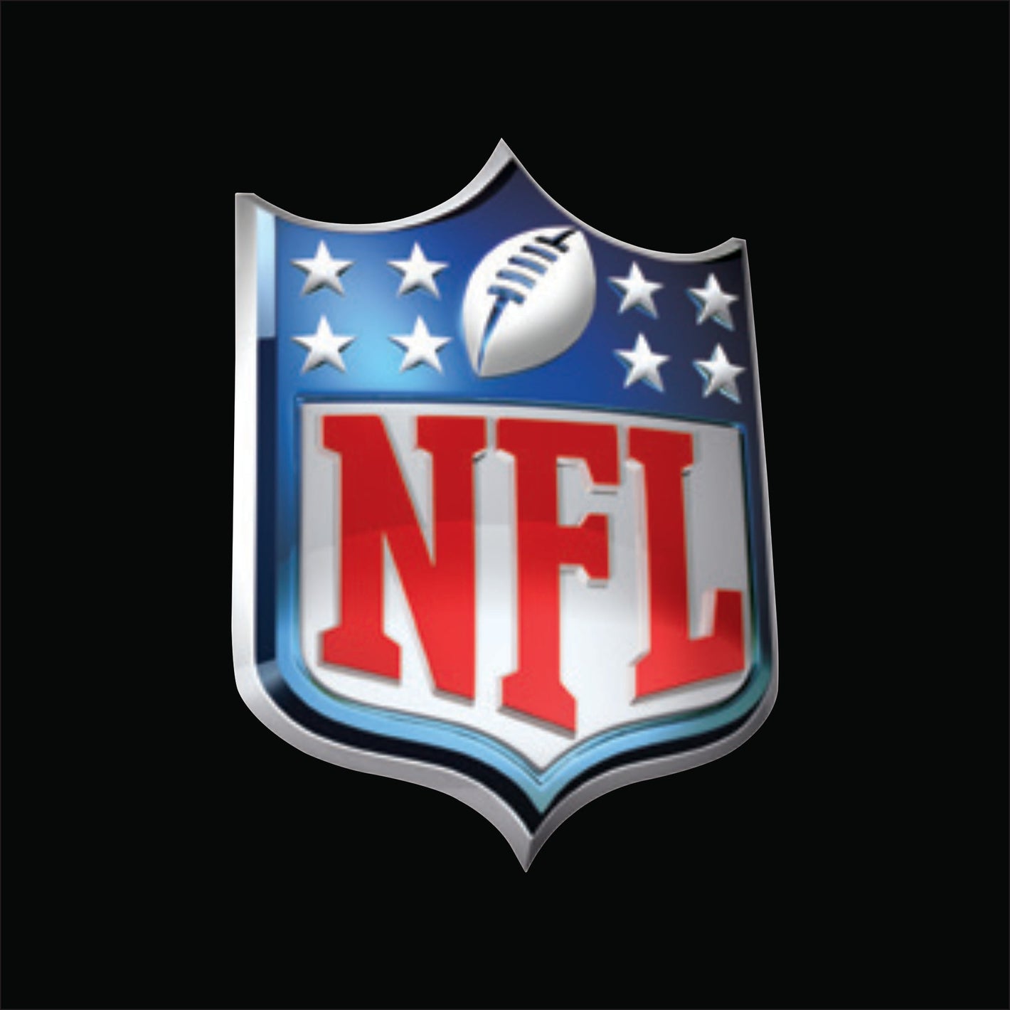 NFL logo. A red, white, and blue shield featuring white stars on a blue upper field, a stylized white football in the center, and bold red serif ‘NFL’ lettering.
