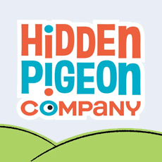 Logo of the Hidden Pigeon Company with a colorful design on a white background