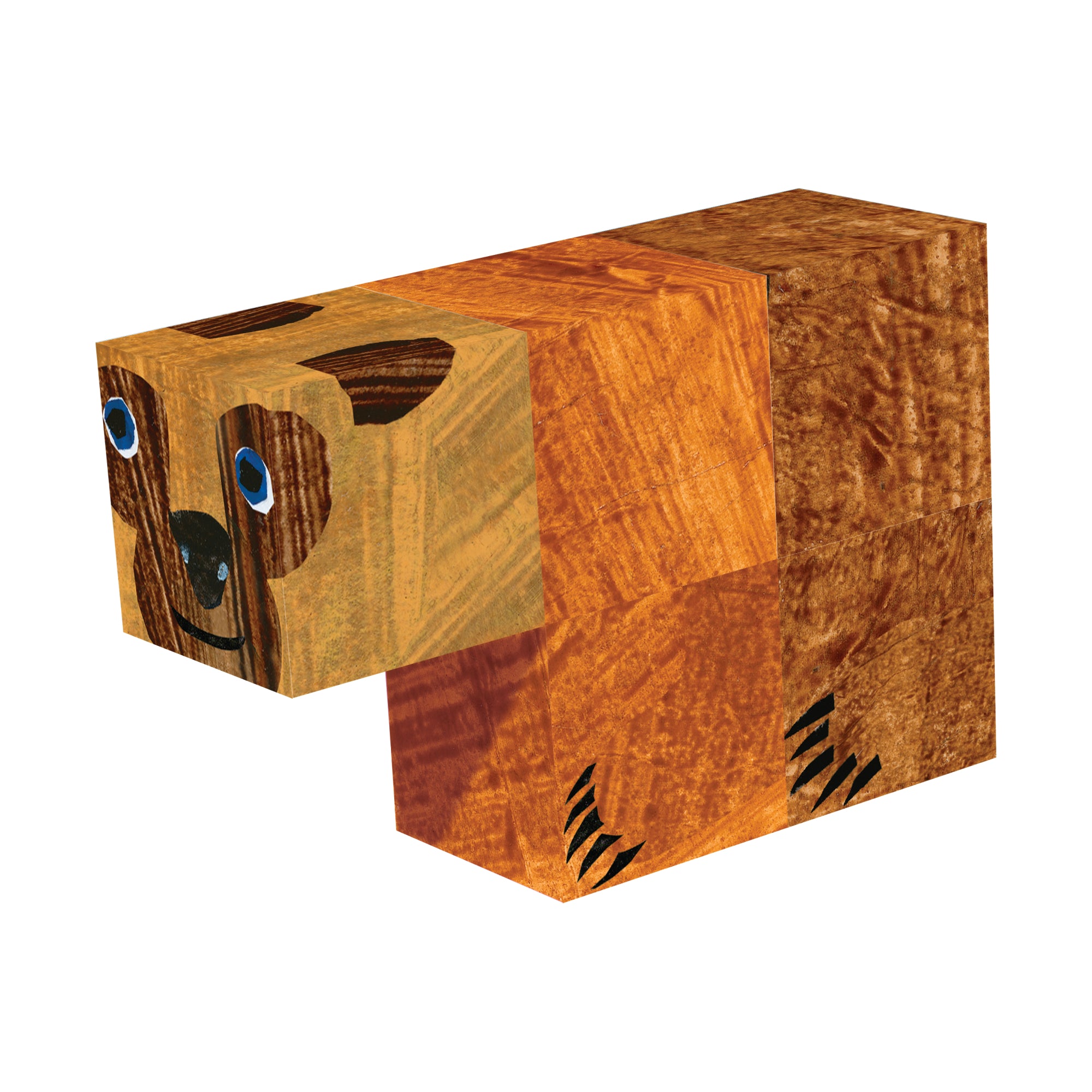 Wooden bear-shaped block with blue eyes on a white background