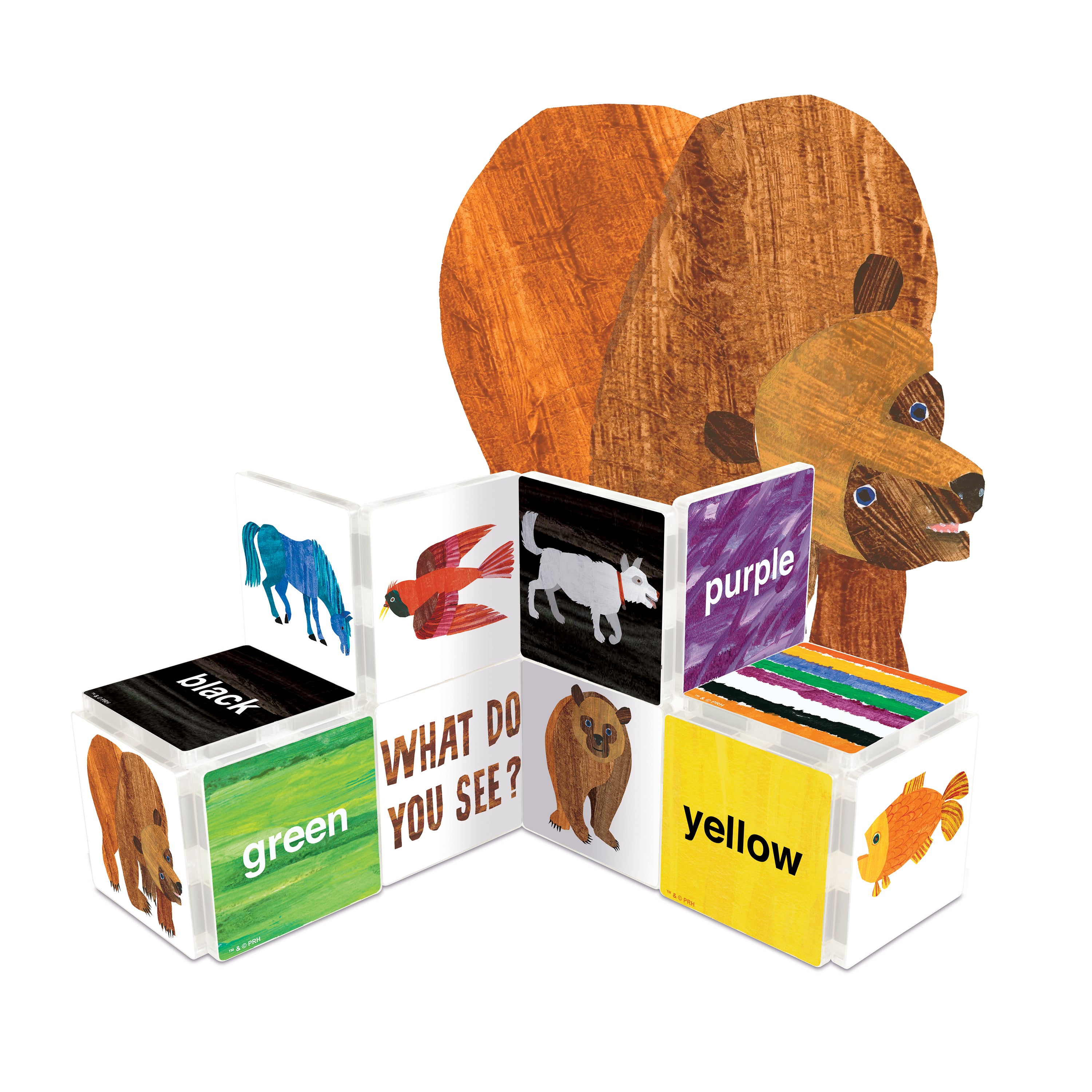 Wooden block set with bear design and color labels on a white background