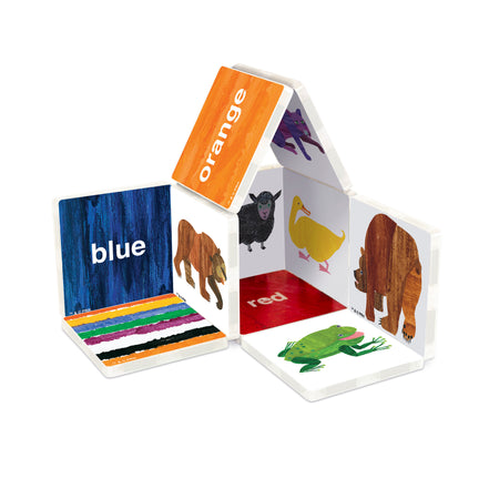 Children's educational card set with animals and colors on a white background