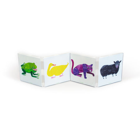Small book with colorful illustrations of a frog, duck, cat, and sheep on white pages.