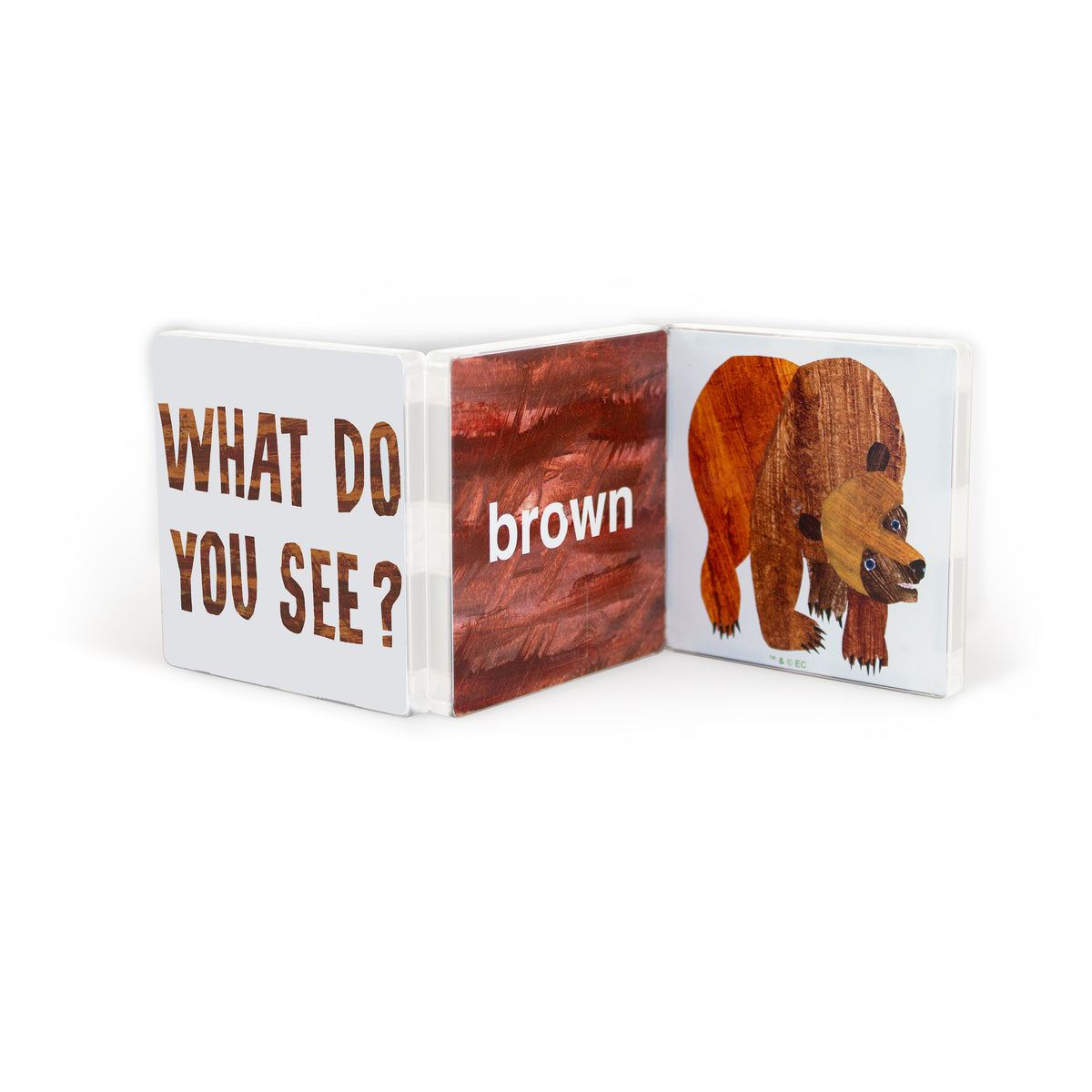 Children's book with pages showing a bear, brown color swatch, and text 'What do you see? Brown'.