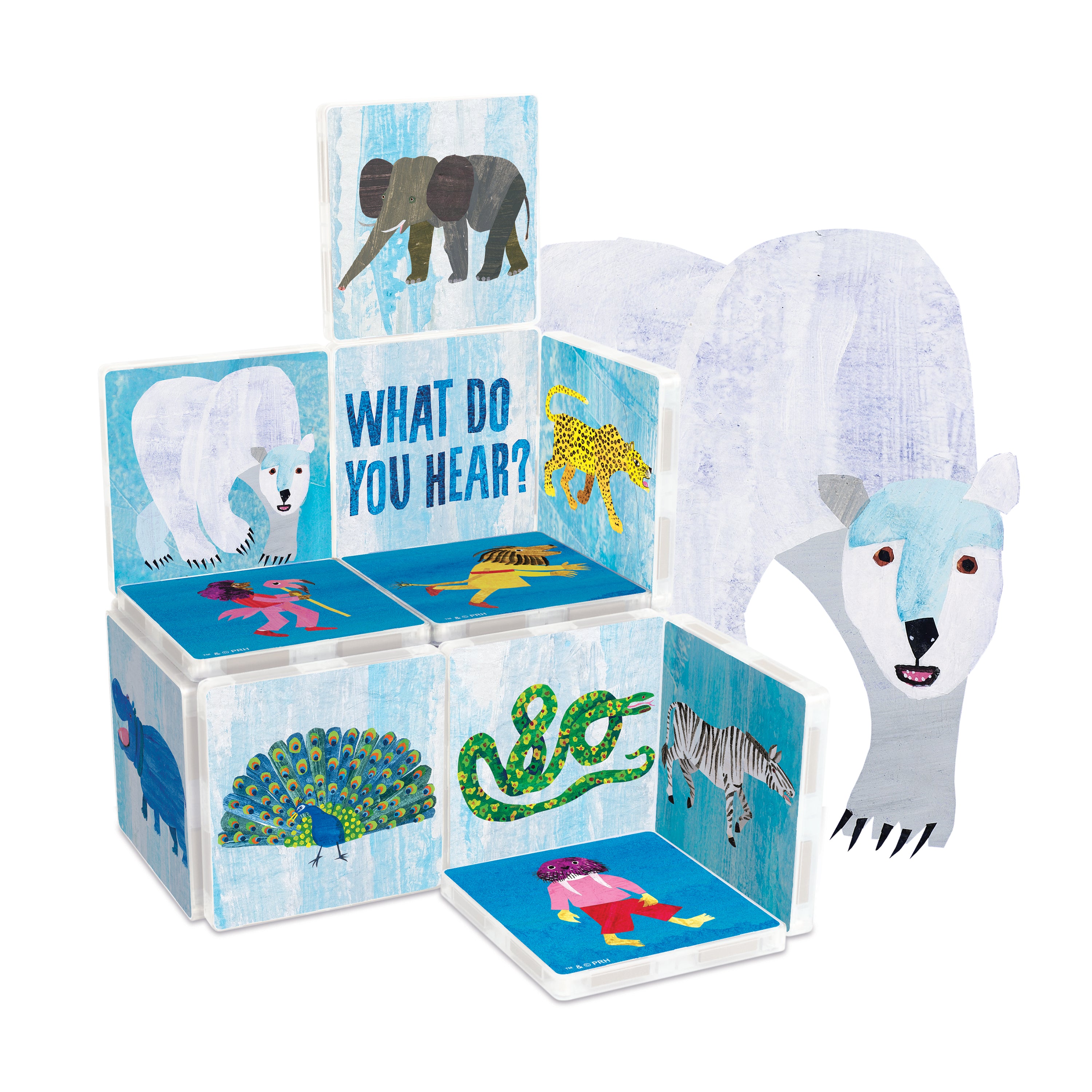 Stack of animal-themed blocks with a polar bear figure on a white background
