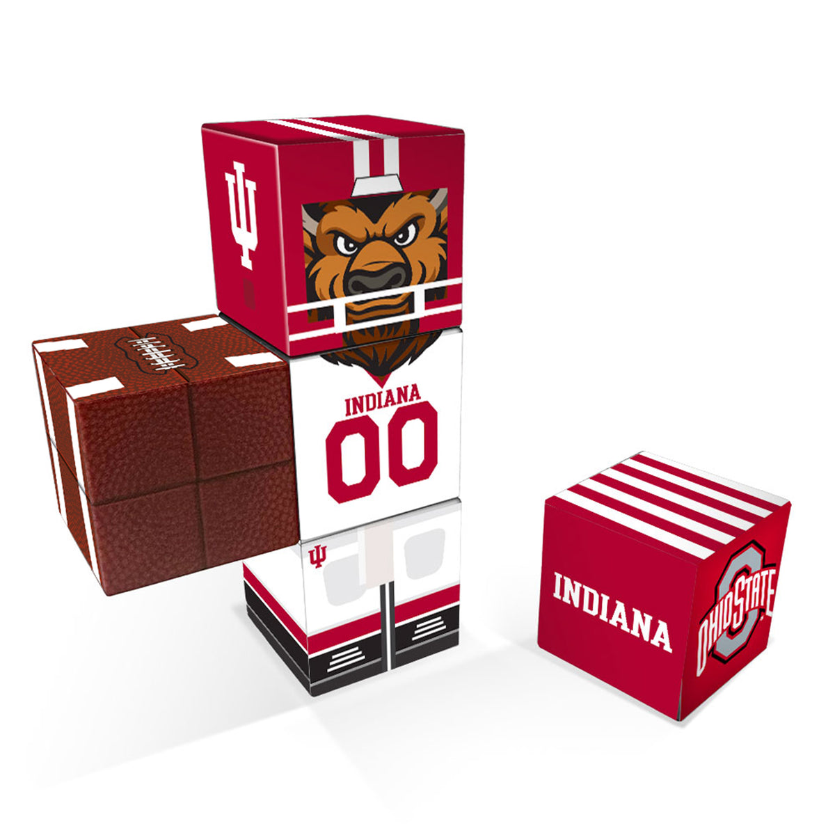 Set of five  magnetic cubes with Indiana University logos on a white background