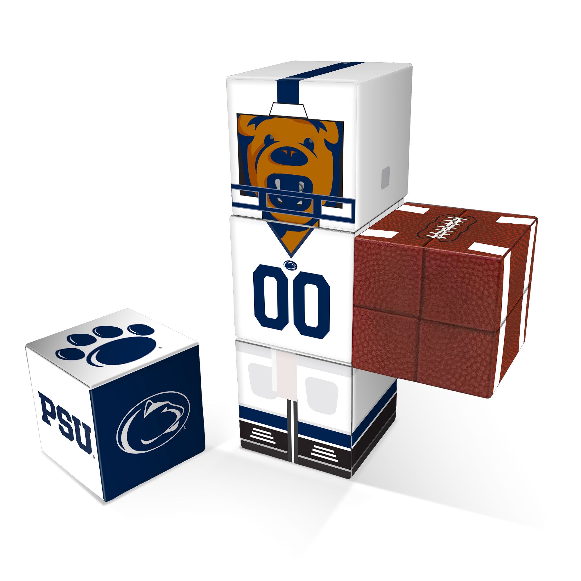 Stack of foam blocks with sports-themed designs on a white background