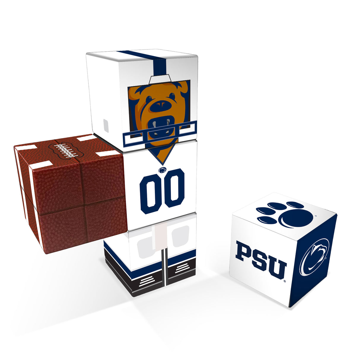 Collection of sports-themed decorative boxes with logos on a white background