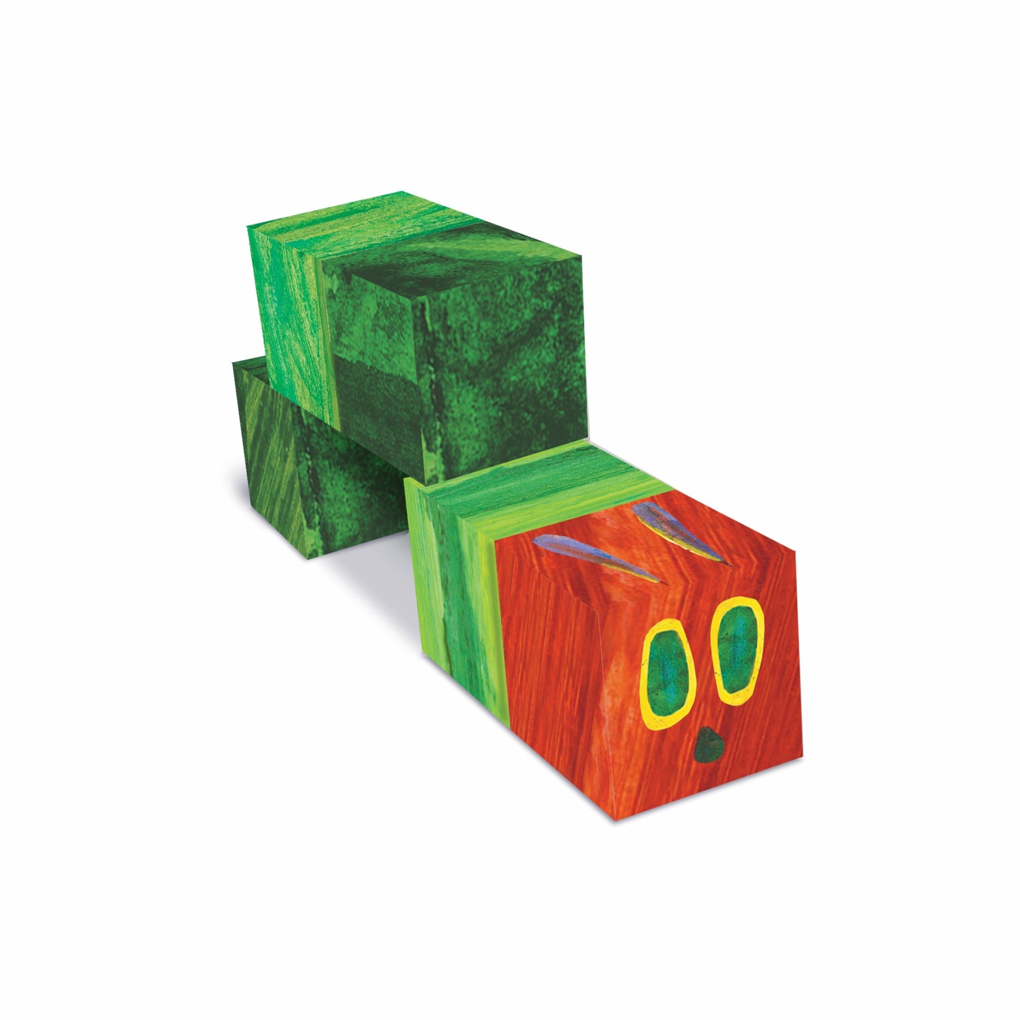Colorful wooden blocks resembling a caterpillar and butterfly on a white background
