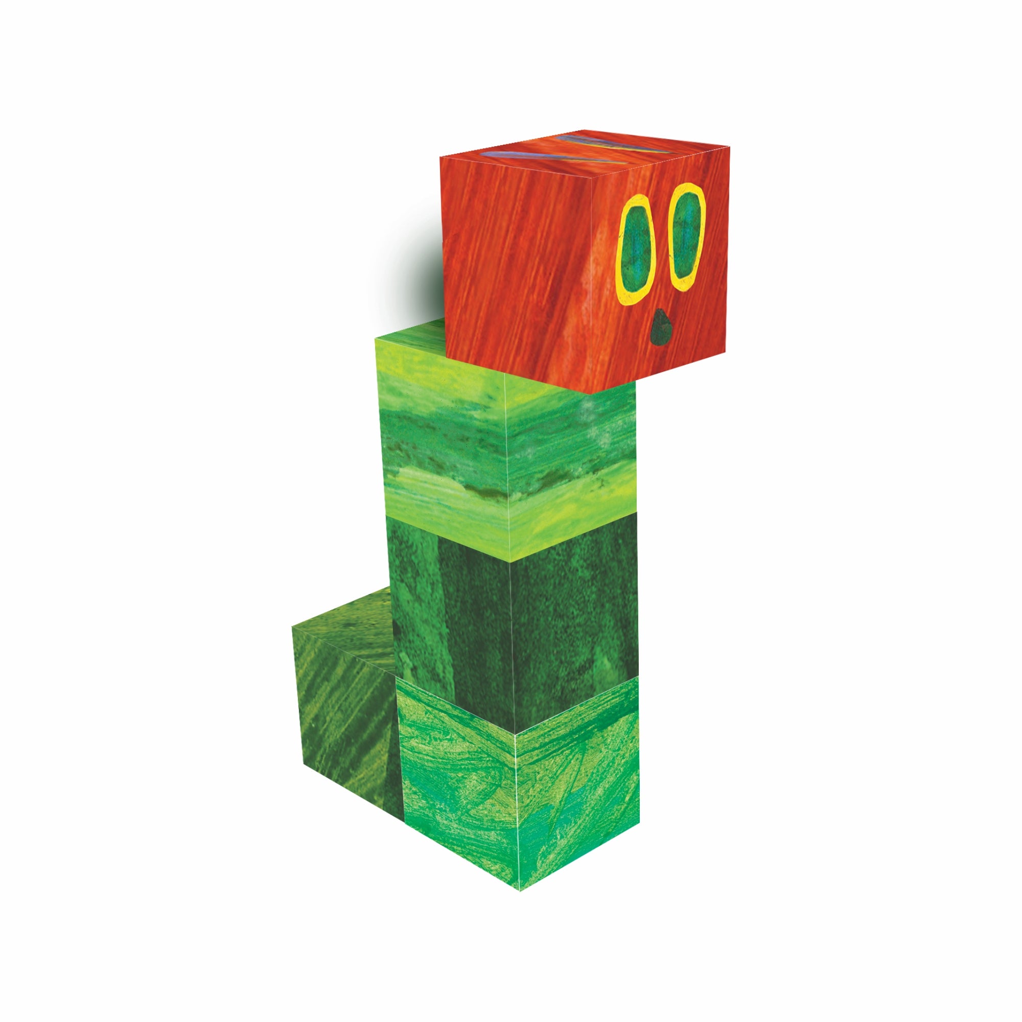 Stack of green and red blocks resembling a caterpillar on a white background