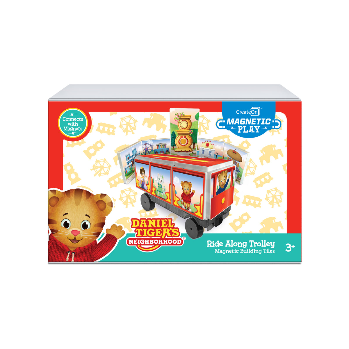 Box of Daniel Tiger's Neighborhood Ride Along Trolley magnetic building tiles on a white background