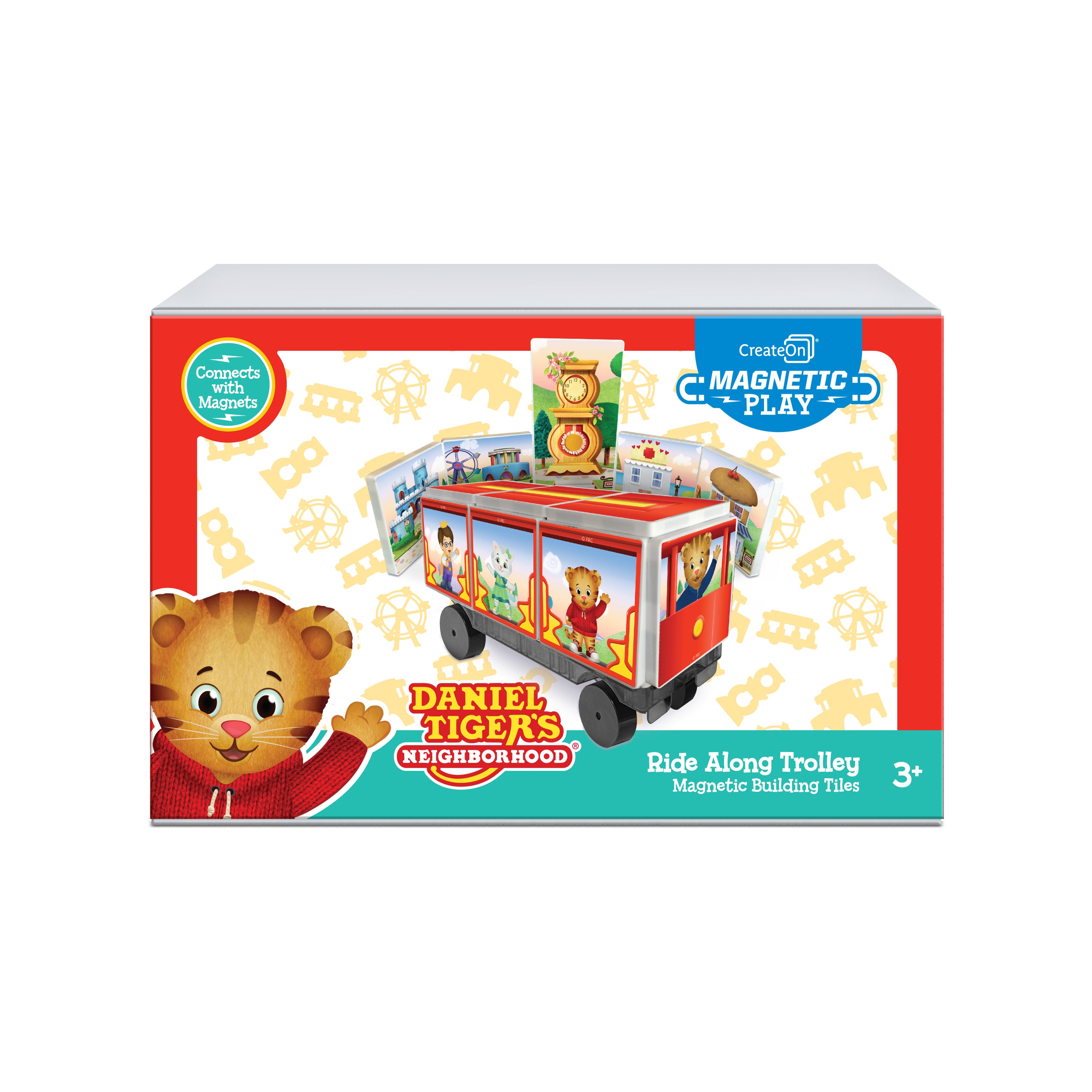 Box of Daniel Tiger's Neighborhood Ride Along Trolley magnetic building tiles on a white background