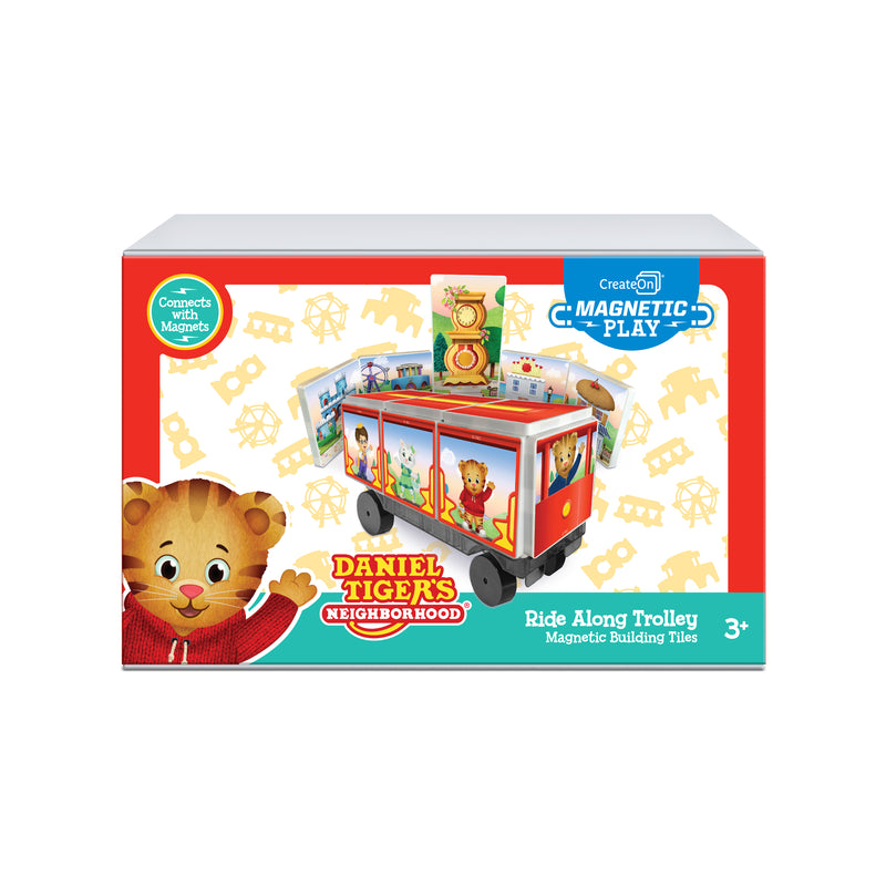Box of Daniel Tiger's Neighborhood Ride Along Trolley magnetic building tiles on a white background