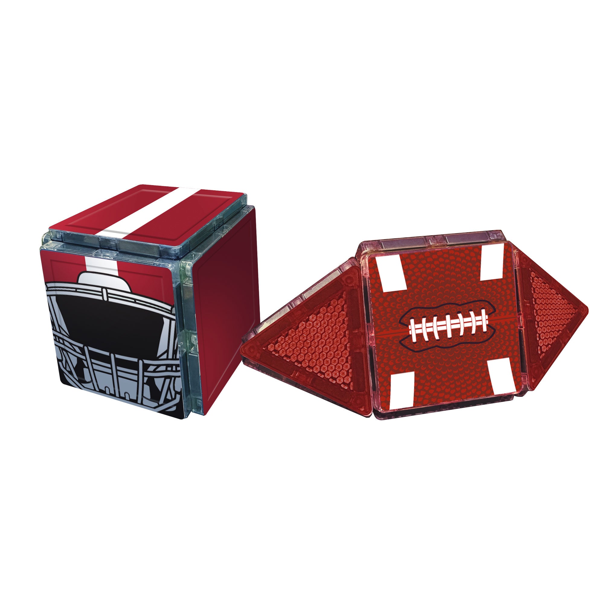 Two red reflective signs, one shaped like a football and the other like a car helmet, on a white background.