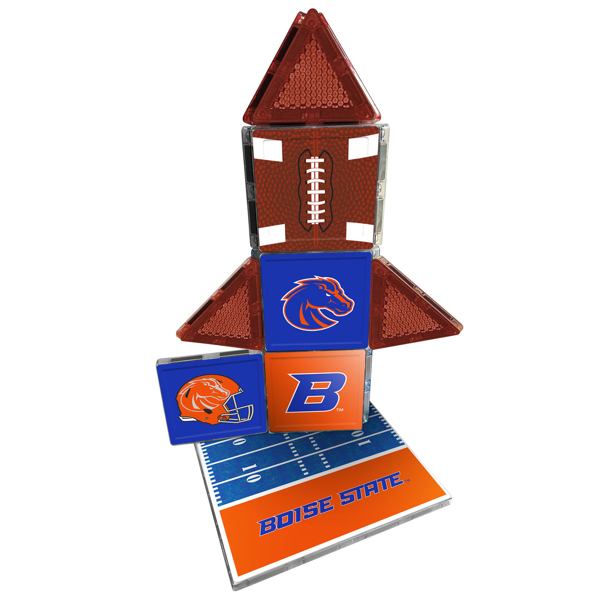 Boise State-themed tower with football, helmet, and field design on a white background
