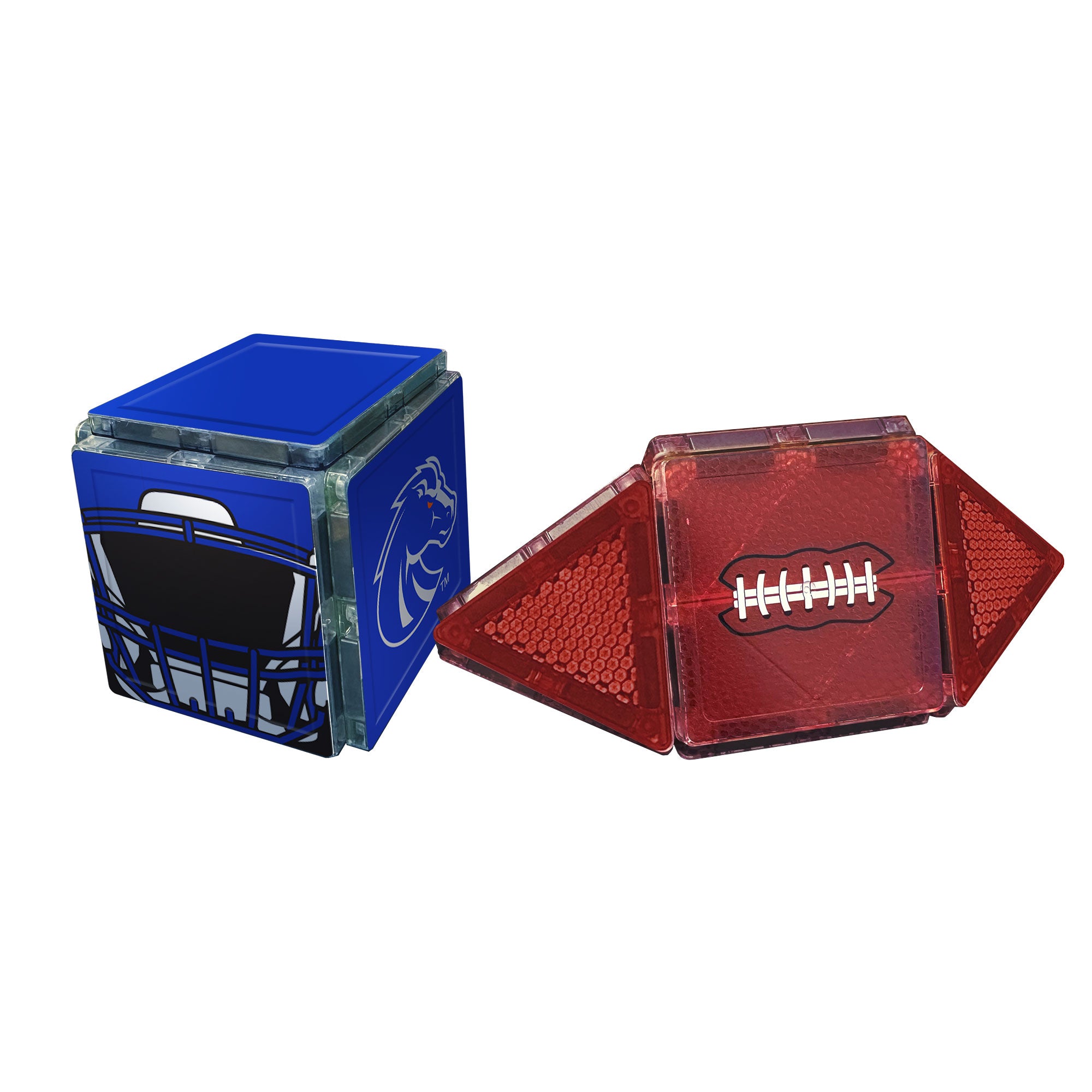 Blue and red transparent containers with geometric designs on a white background