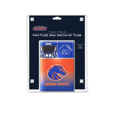 Packaging of Boise State University fan tiles with team logos on a white background