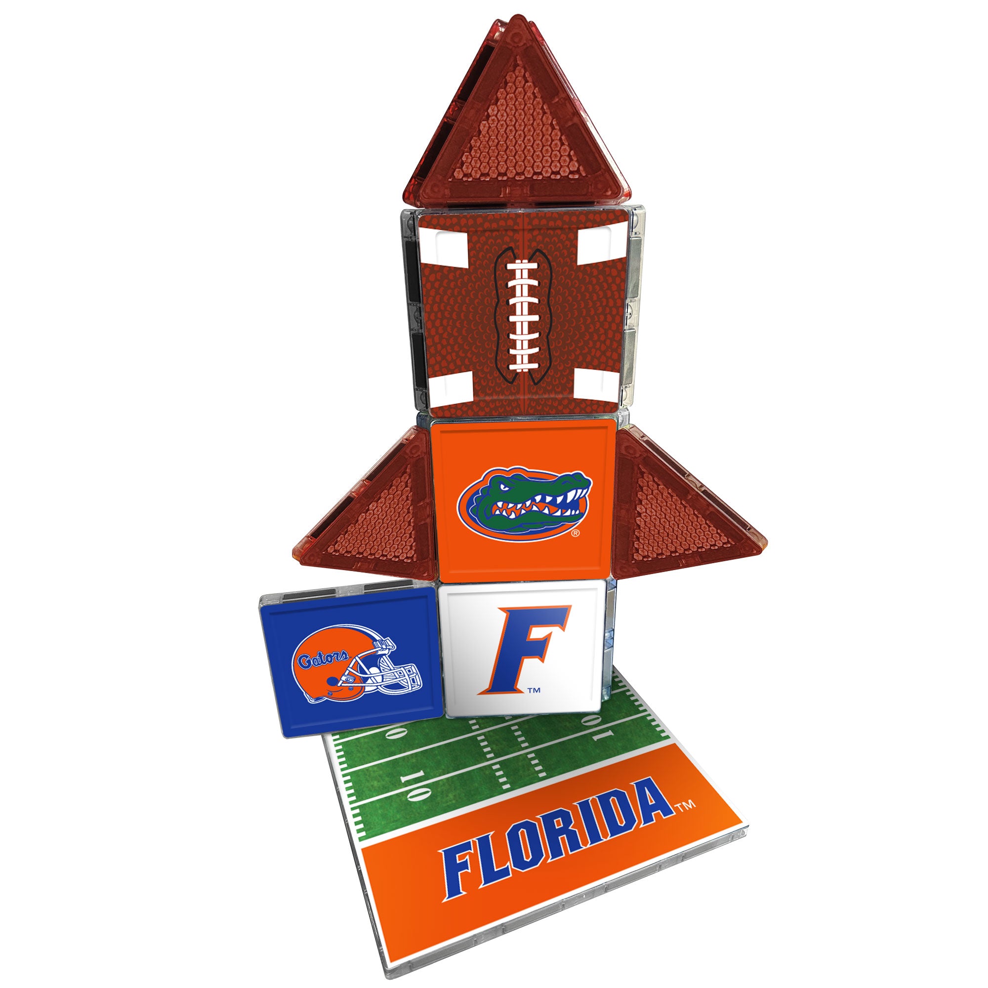 Stack of books with a football design on top, featuring the Florida Gators logo.
