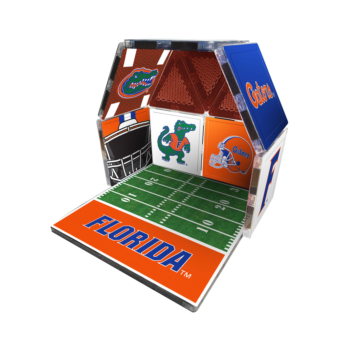 Florida-themed die-cut display with football field design on a white background
