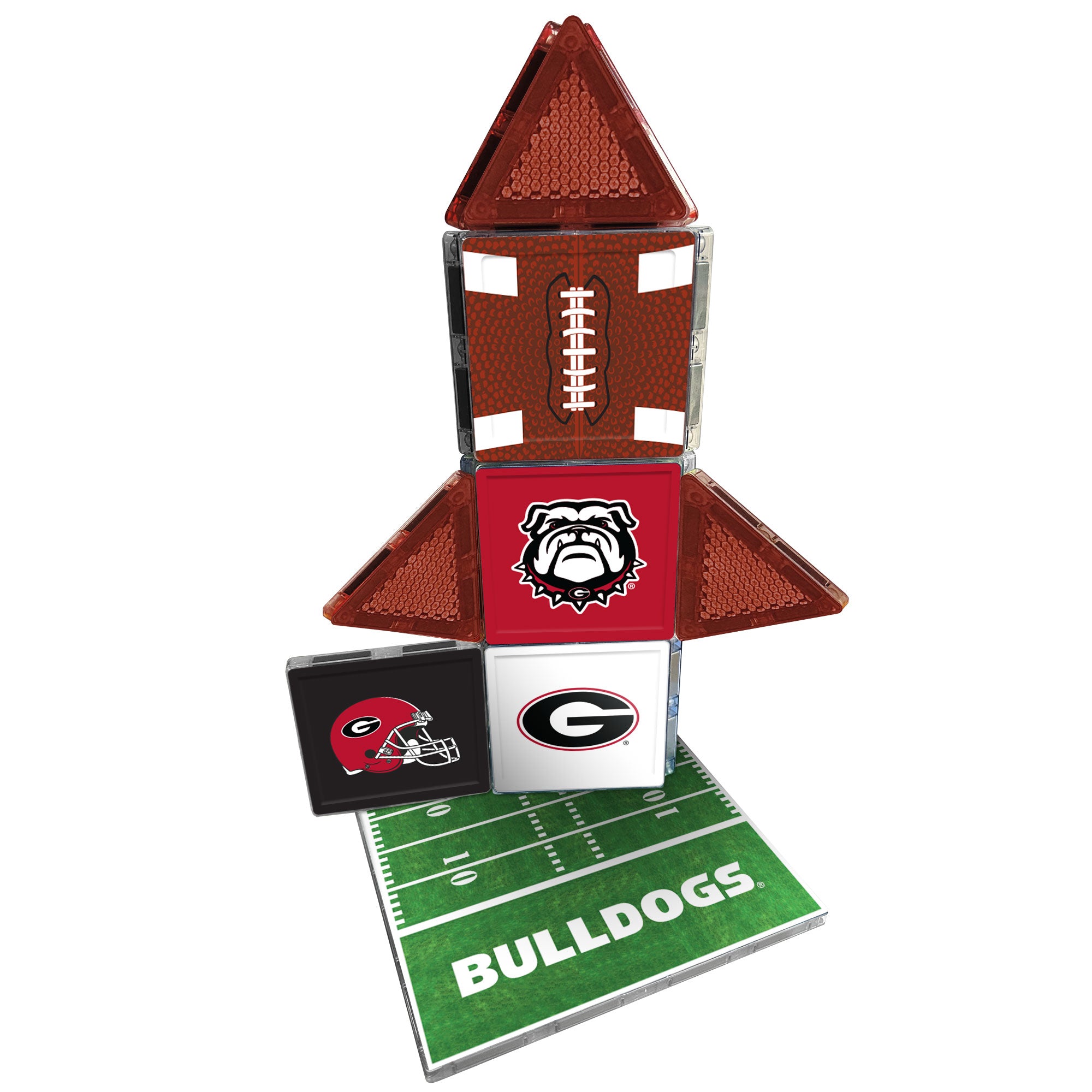 Stack of items with football design, bulldog logo, and 'Bulldogs' text on a white background