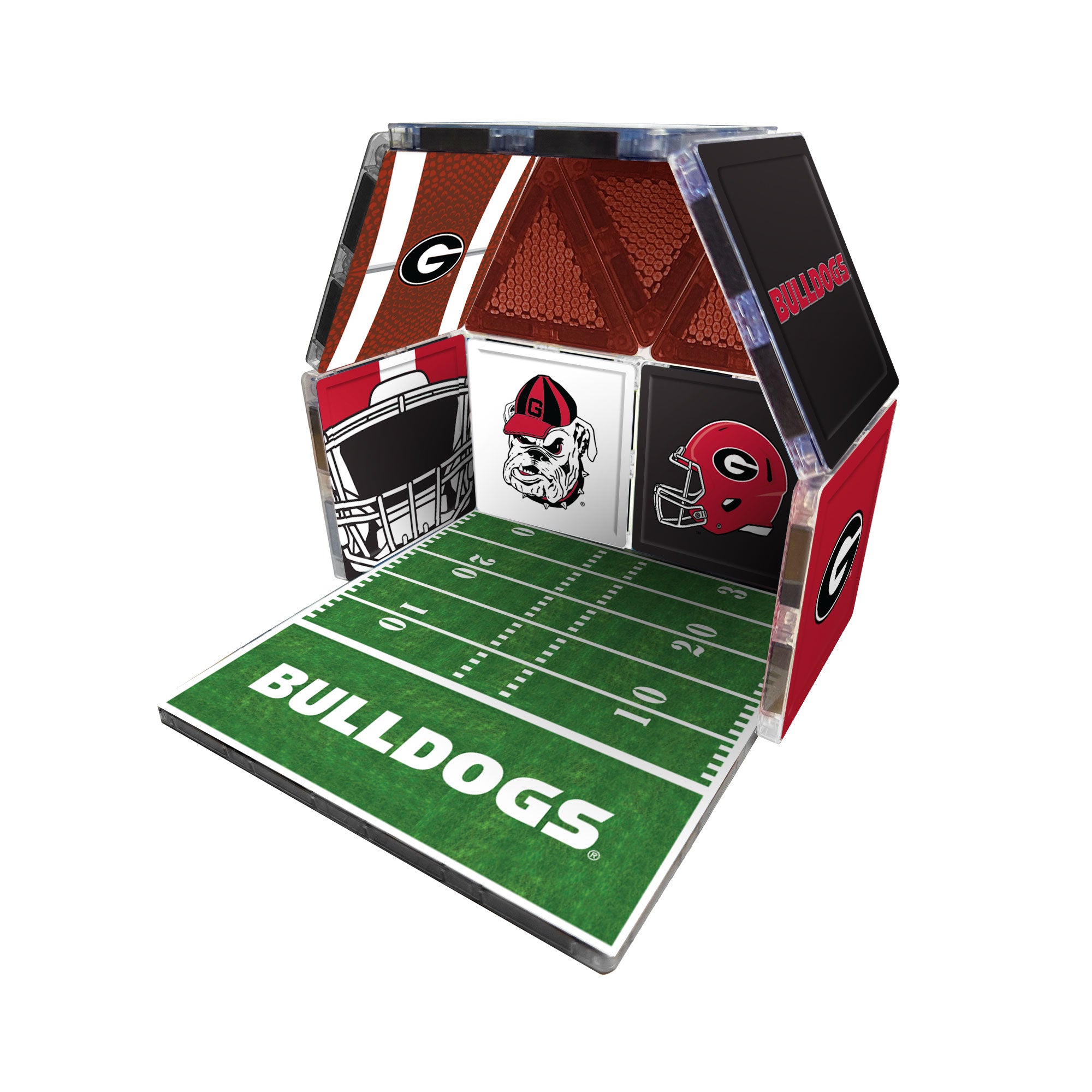 Model of a football stadium with 'Bulldogs' branding on a white background