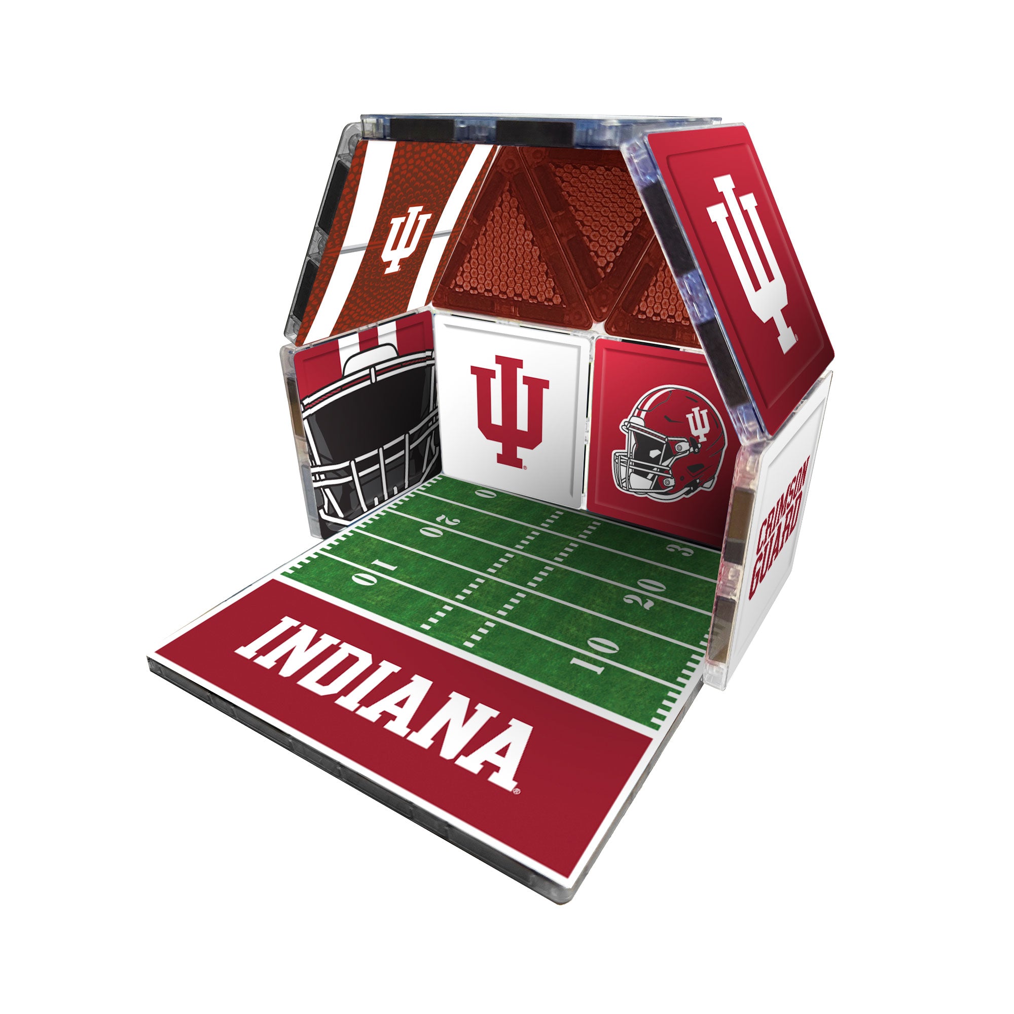 Hexagonal structure with Indiana University logo and football field design on a white background