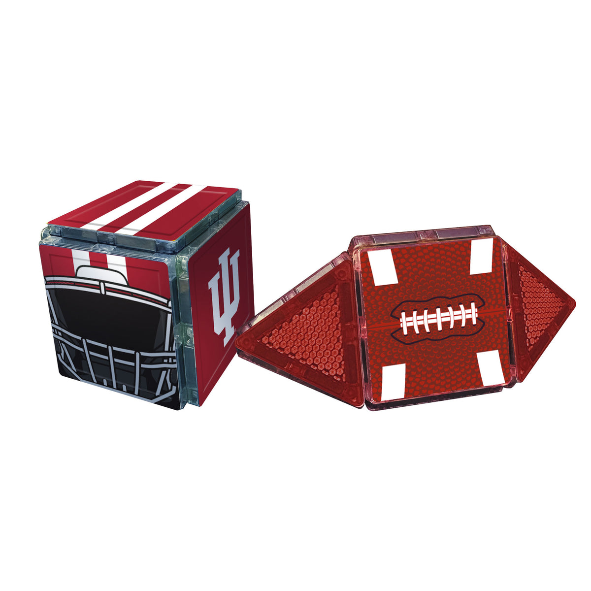 Two red sports-themed cubes with football and helmet designs on a white background