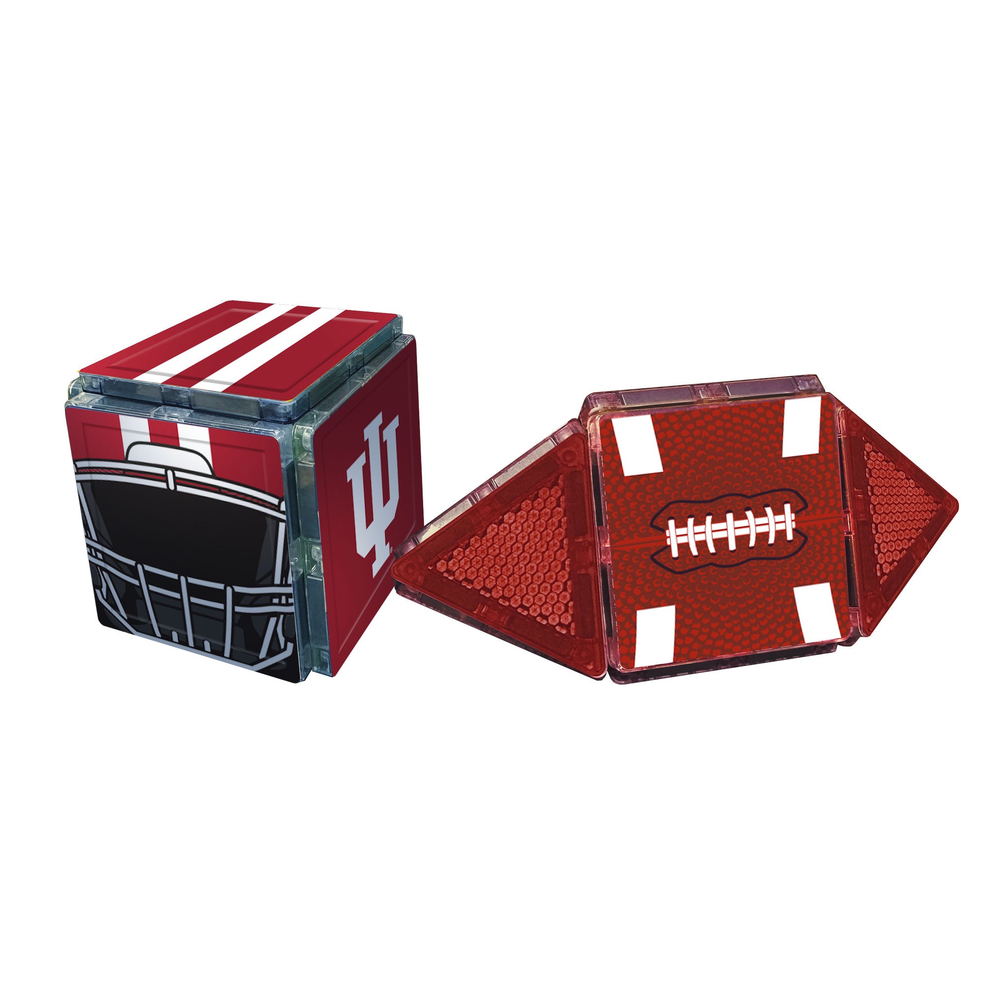 Two red sports-themed cubes with football and helmet designs on a white background