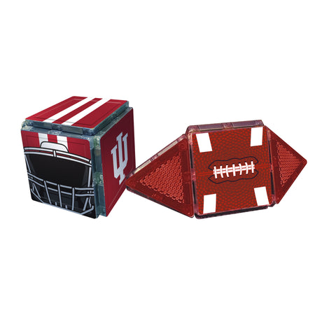 Two red sports-themed cubes with football and helmet designs on a white background