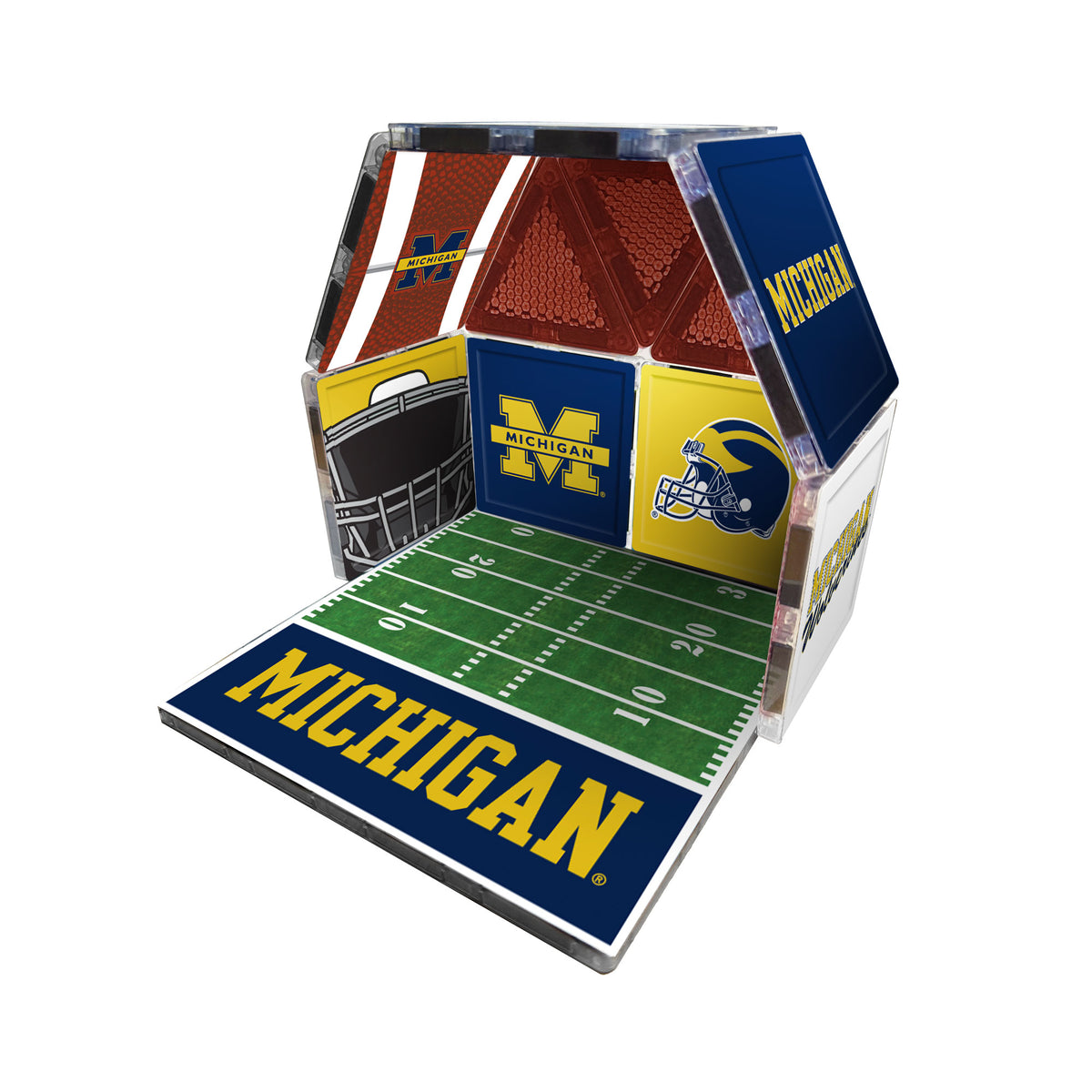 Michigan-themed cornhole board with football field design on a white background