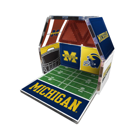 Michigan-themed cornhole board with football field design on a white background