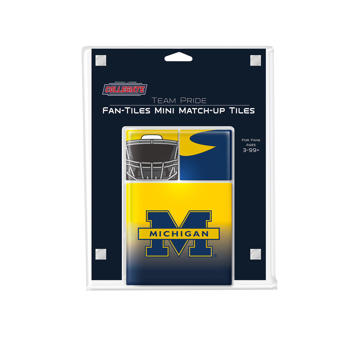 Packaged product for Michigan-themed mini match-up tiles with team logo.