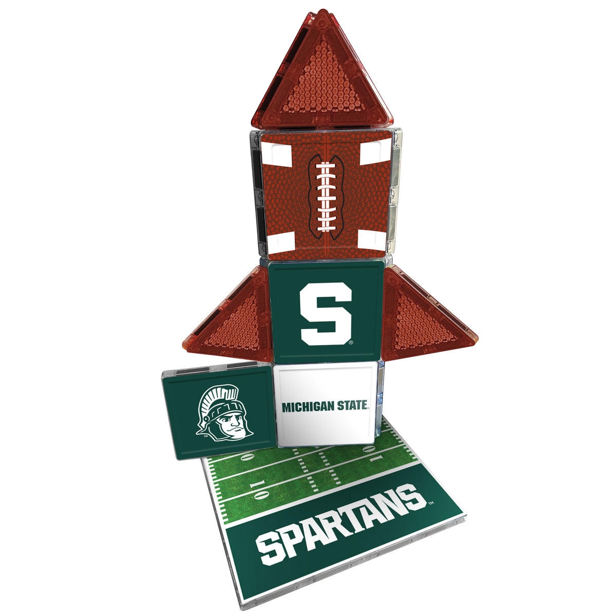 Michigan State Spartans-themed decorative set with pyramid structure, football design, and field graphic on a white background.