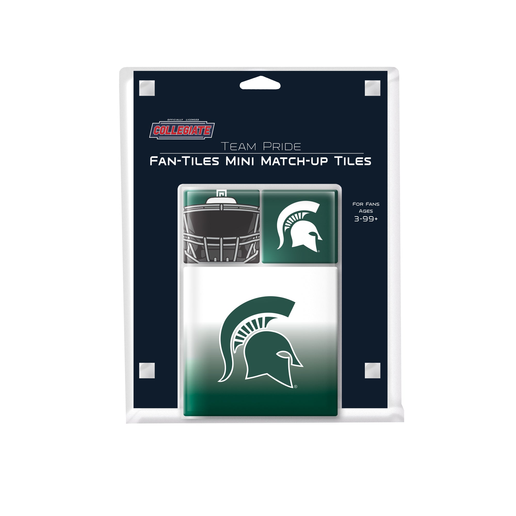 Packaging of Michigan State University fan tiles with team logo and stadium illustration.