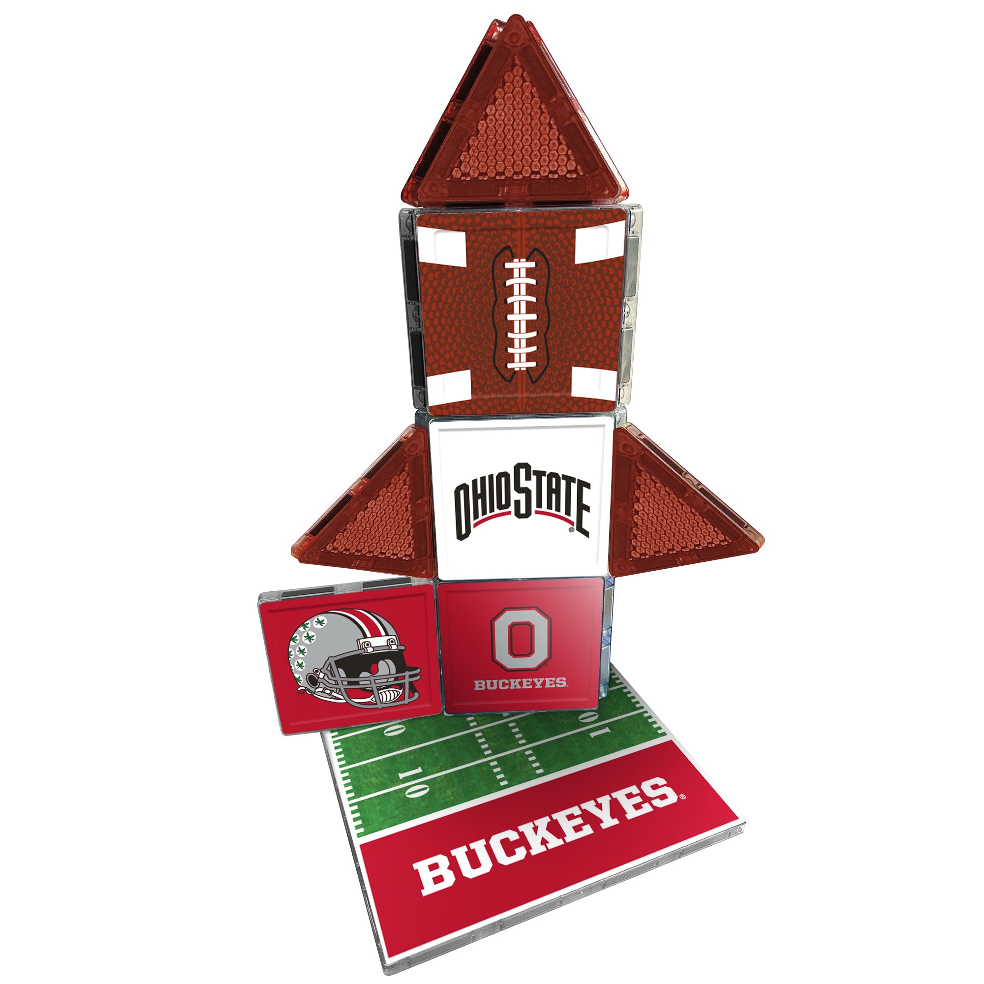 Stack of Ohio State-themed items including a football-shaped box, helmet, and field design on a white background.