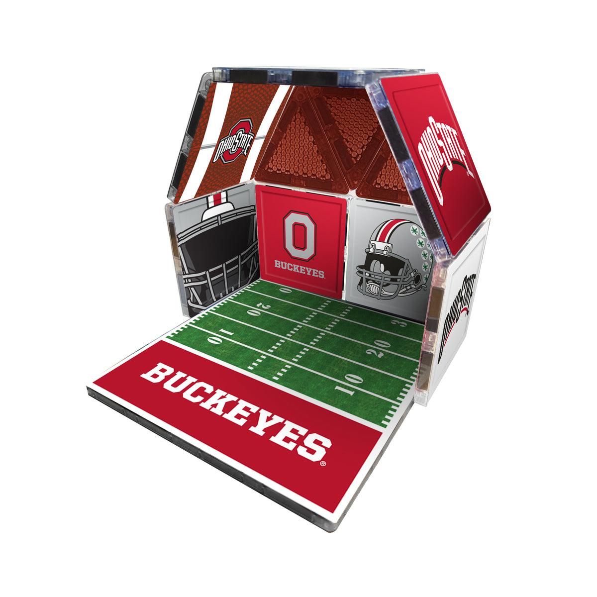 Hexagonal Ohio State-themed product with football field design on a white background