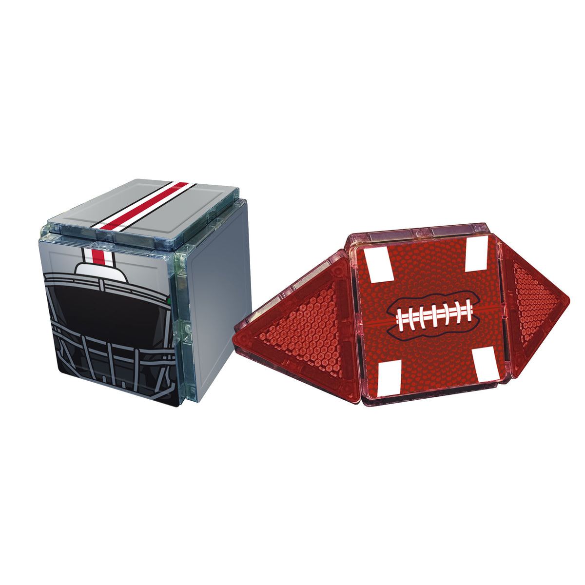 Two sports-themed cookie cutters, one shaped like a football and the other like a helmet, on a white background.