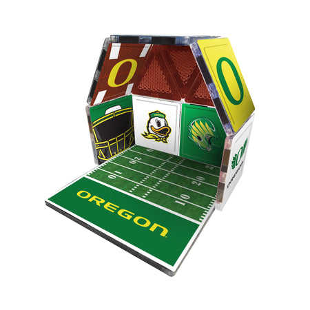 Hexagonal foam puzzle with Oregon-themed design on a white background