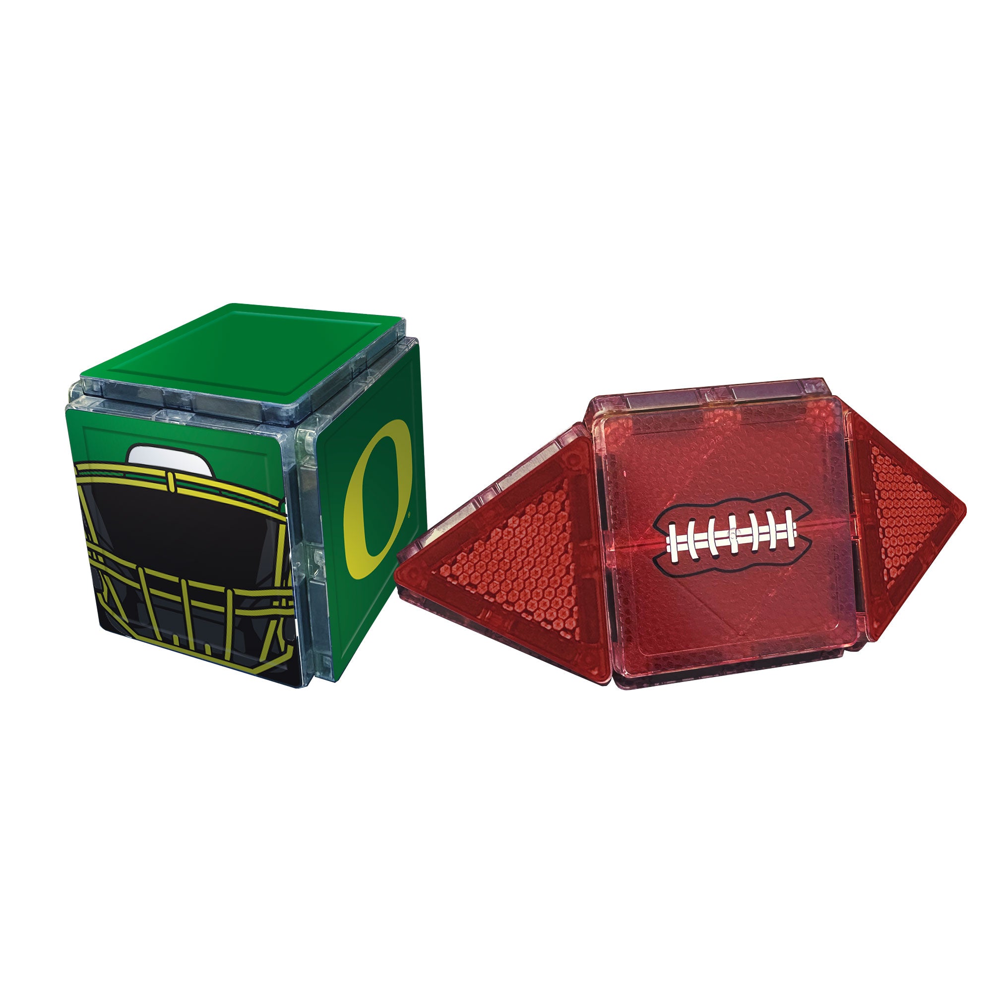 Green and red transparent cubes with 'O' and football design on a white background