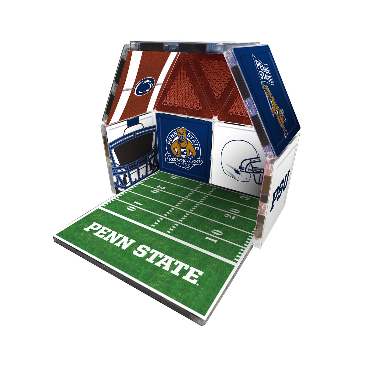 Penn State-themed die-cut display with football field and team logos on a white background
