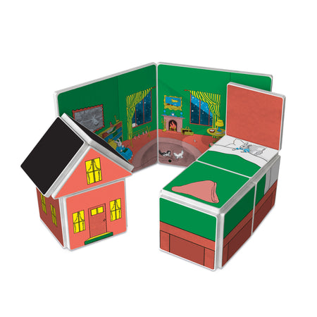 Colorful toy house with different rooms on a white background