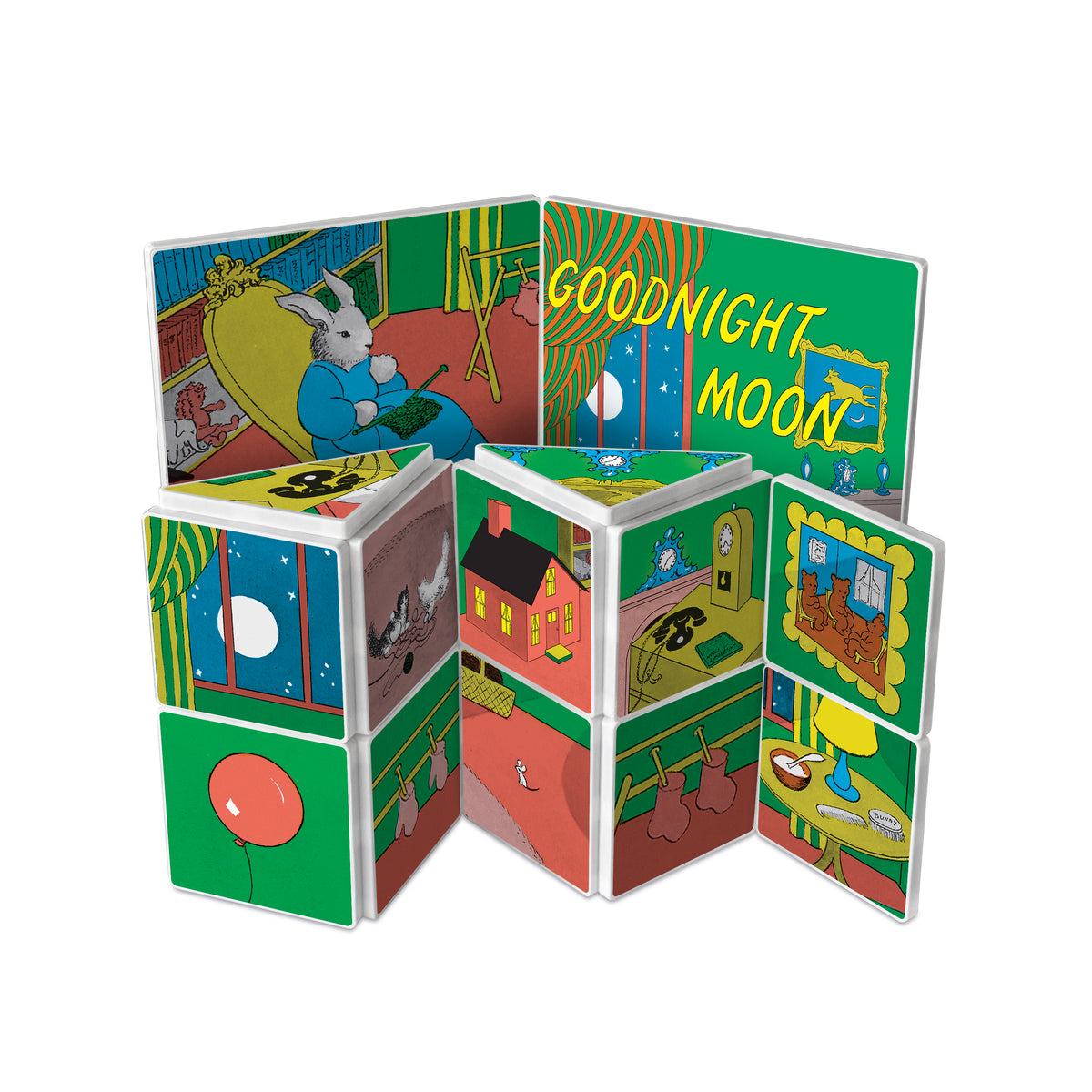 Children's book with colorful illustrations and 'Goodnight Moon' title