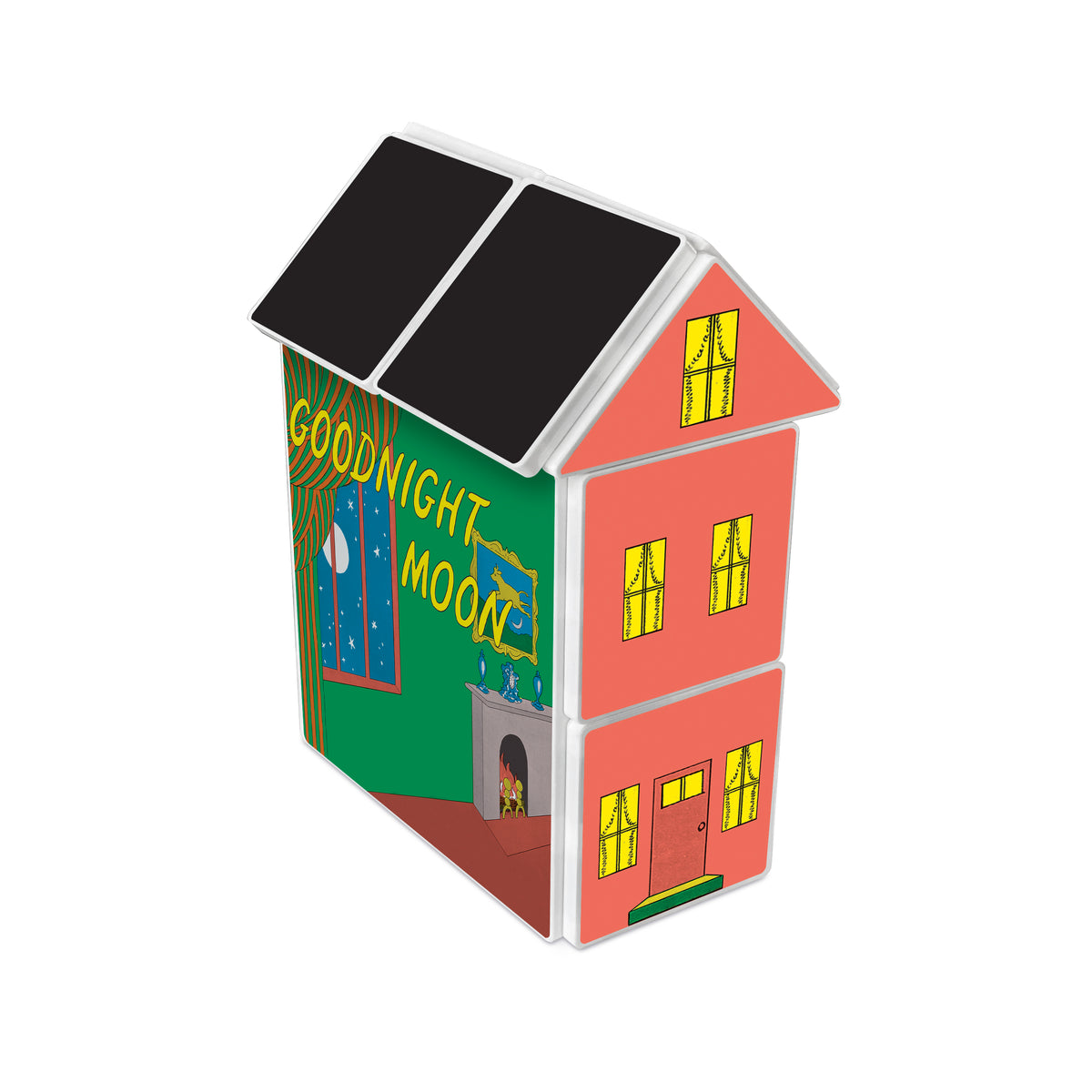 Colorful house-shaped book titled 'Goodnight Moon' on a white background