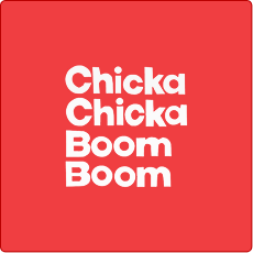 Red square with 'Chicka Chicka Boom Boom' text in white