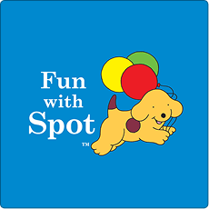 Book cover of 'Fun with Spot' featuring a yellow dog with balloons on a blue background