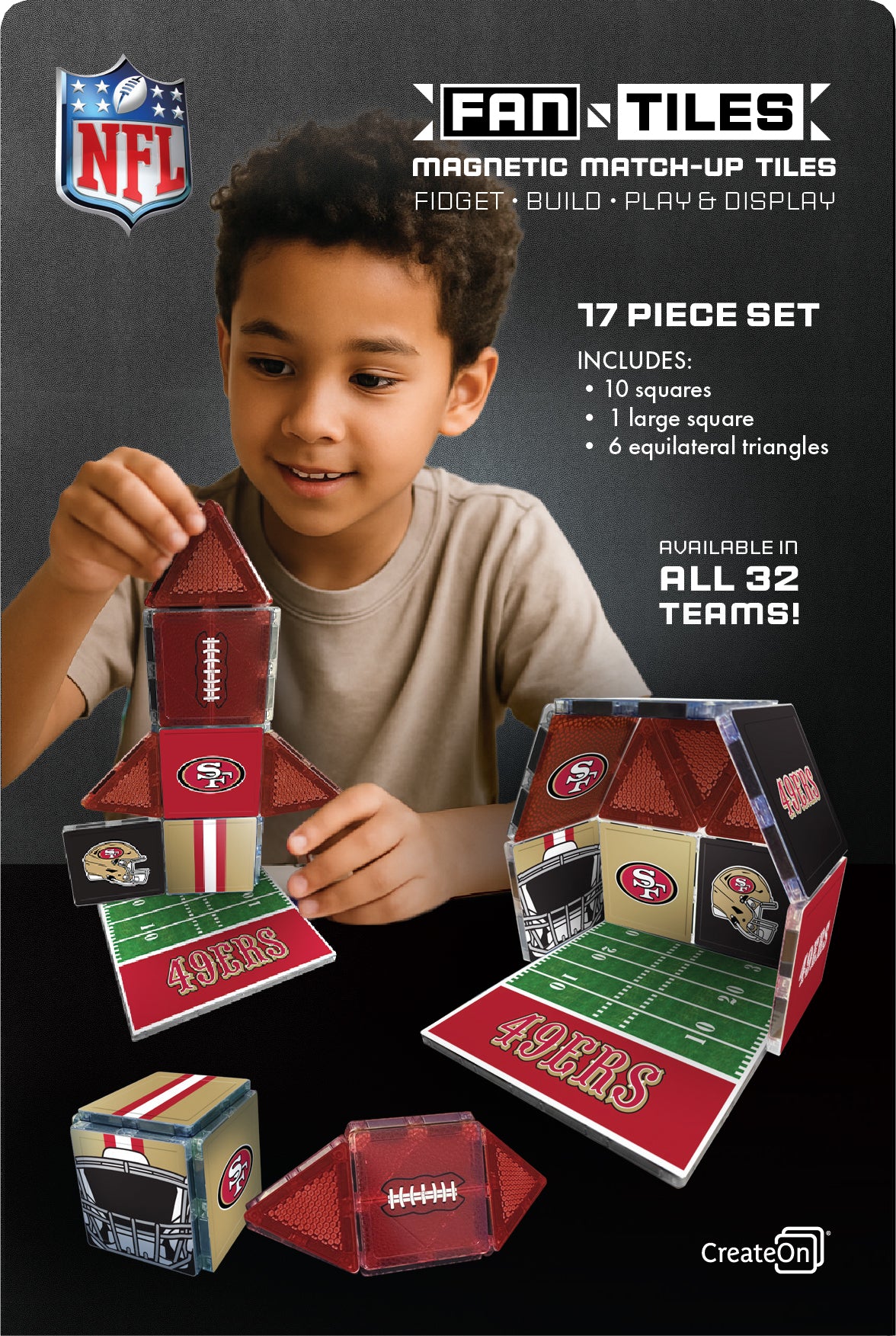 Child playing with NFL Fan Tiles on a dark background