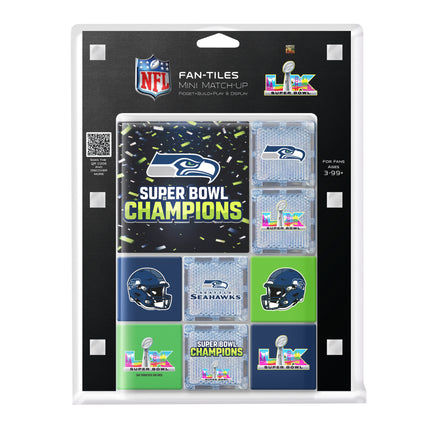 Packaged NFL Seattle Seahawks Super Bowl Champions mini tile  with various designs.