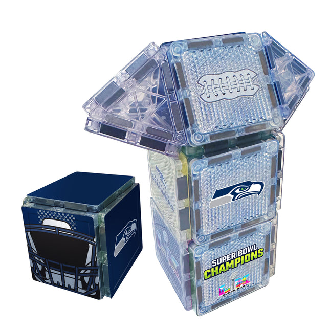 Stack of clear plastic blocks with football design and Seattle Seahawks logo on a white background
