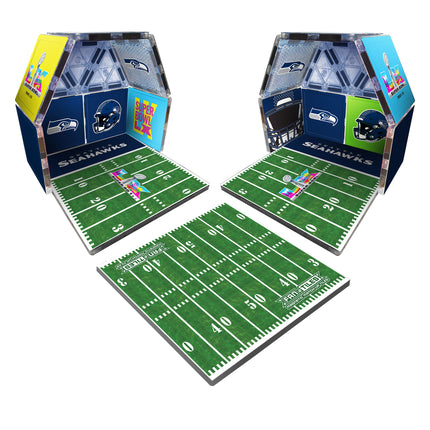 Two Seattle Seahawks-themed tile stadiums with football field designs on a white background.