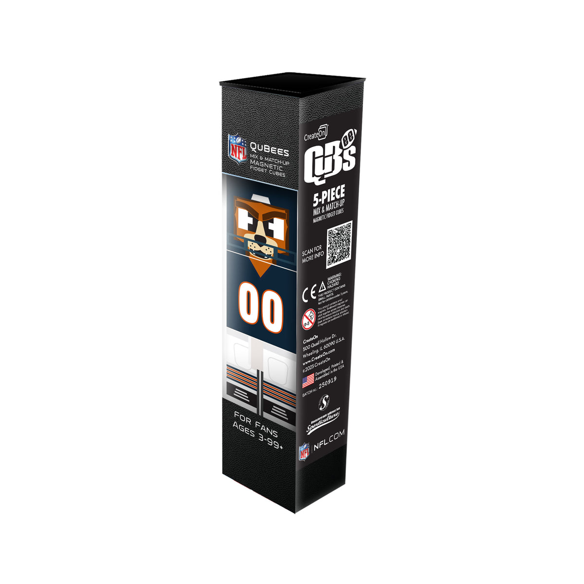 Box of NFL Qubees 5-piece set on a white background